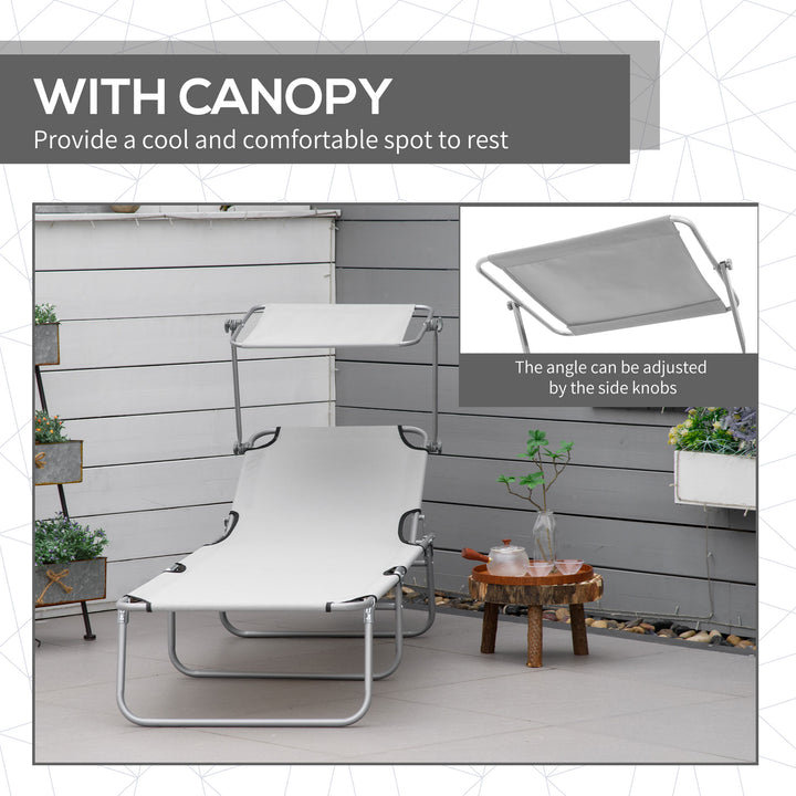 Outsunny Outdoor Lounge Chair, Adjustable Folding Chaise Lounge,  Tanning Chair with Sun Shade for Beach, Camping, Hiking, Backyard, Grey