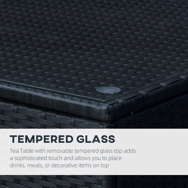 Outsunny Rattan Side Table Wicker Coffee Table with Glass Top Outdoor Patio Furniture For Patio Poolside Garden Lawn, Black