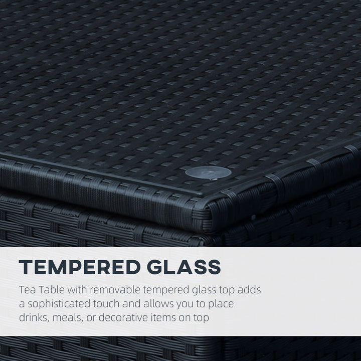 Outsunny Rattan Side Table Wicker Coffee Table with Glass Top Outdoor Patio Furniture For Patio Poolside Garden Lawn, Black