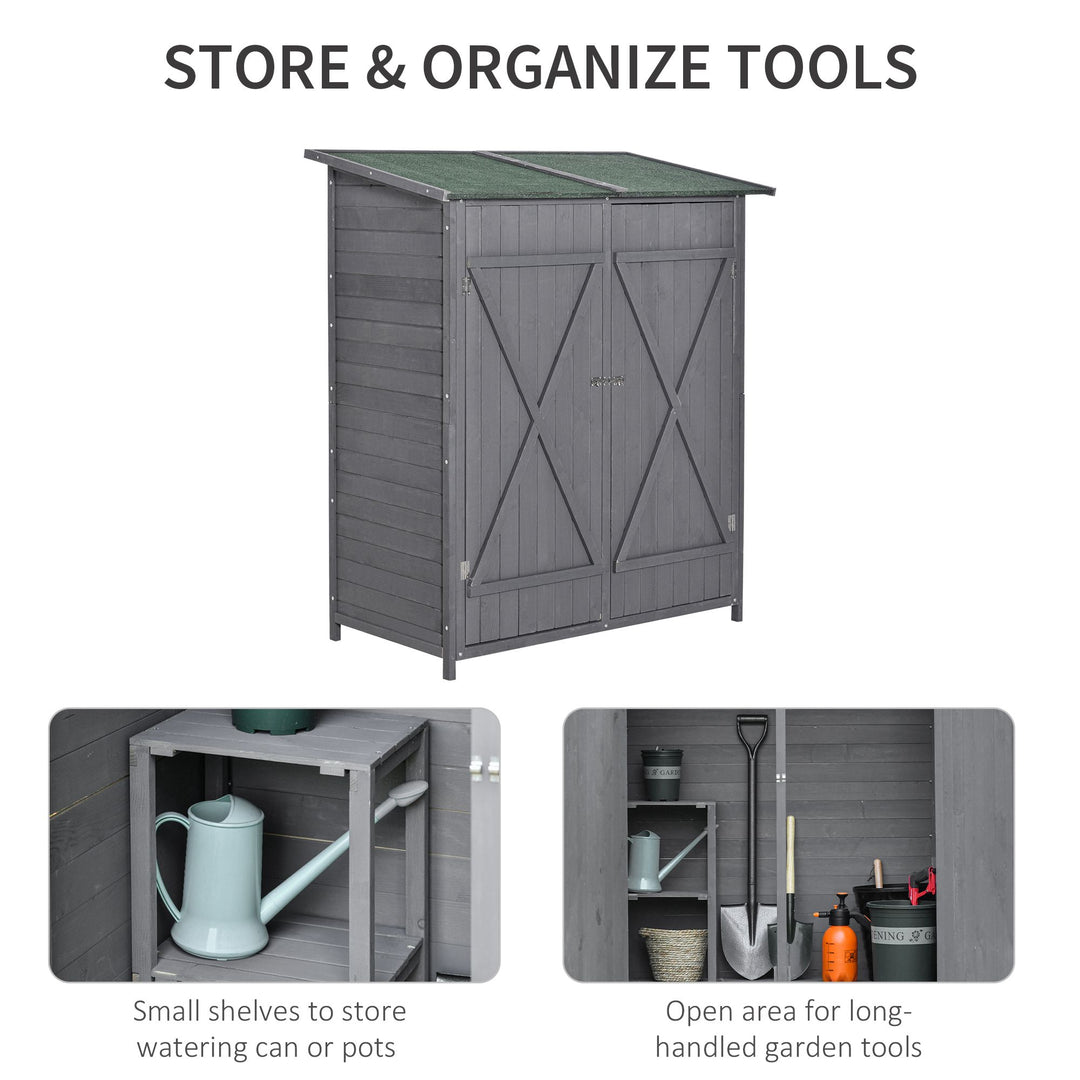 Outsunny Garden Storage Shed Asphalt Roof Wooden Timber Double Door Utility Storage House with Shelf, Green and Grey