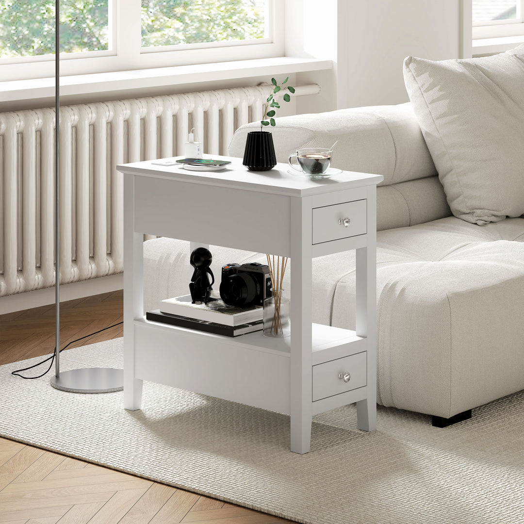 HOMCOM Narrow Side Table with Charging Station, USB Ports, Modern End Table with Storage Shelf, Drawers for Living Room, White