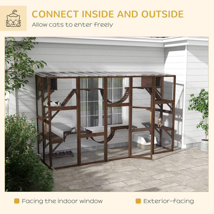 PawHut Large Outdoor Catio with Condos, Platforms, Doors, Ladders, Weather-Resistant Roof, Espresso