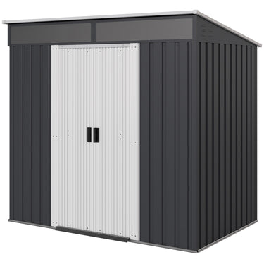 Outsunny 6.5x4FT Galvanised Metal Shed with Foundation Kit, Lockable Garden Tool Storage House with Sliding Doors, Vents, Grey