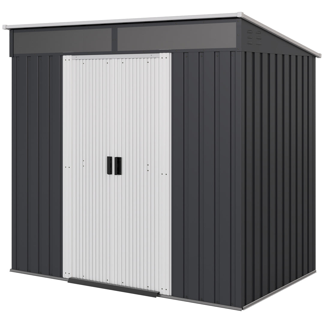 Outsunny 6.5x4FT Galvanised Metal Shed with Foundation Kit, Lockable Garden Tool Storage House with Sliding Doors, Vents, Grey