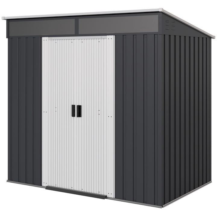 Outsunny 6.5x4FT Galvanised Metal Shed with Foundation Kit, Lockable Garden Tool Storage House with Sliding Doors, Vents, Grey