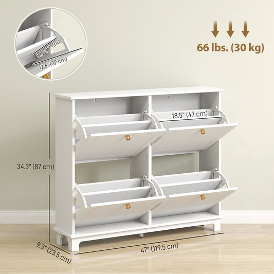 HOMCOM Modern Shoe Storage Cabinet, Narrow Shoe Cabinet with 4 Flip Drawers, Adjustable Shelves, 5 Legs for Entryway, White