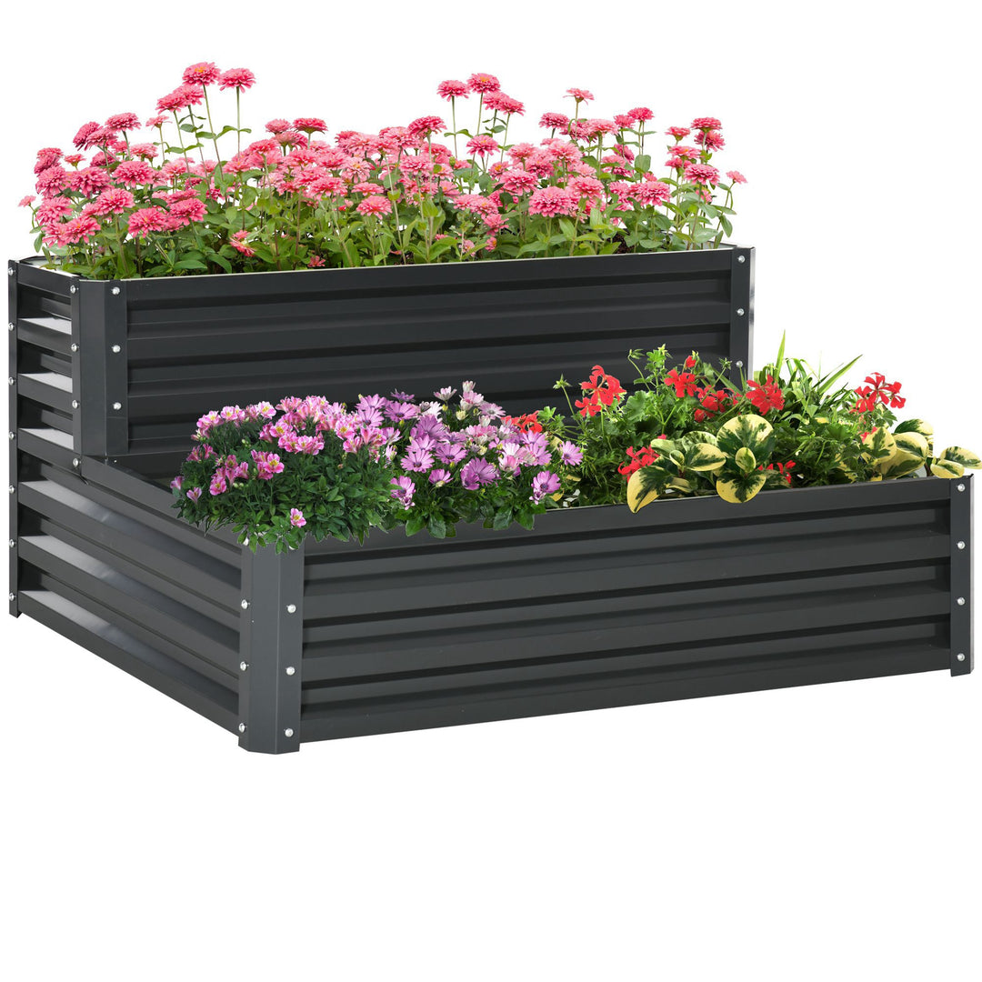 Outsunny 2 Tier Raised Garden Bed, 47" x 40" x 23" Galvanized Steel Planter Box for Vegetables, Flowers, and Herbs, Dark Grey