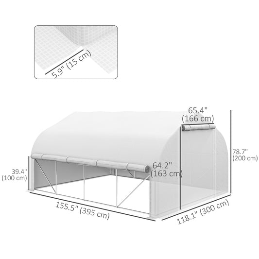 Outsunny 13 x 9.8ft Walk-in Polytunnel Greenhouse, Zipped Roll Up Sidewalls, Mesh Door, 8 Mesh Windows, Tunnel Warm House Tent with PE Cover, Plant Labels and Gloves, White