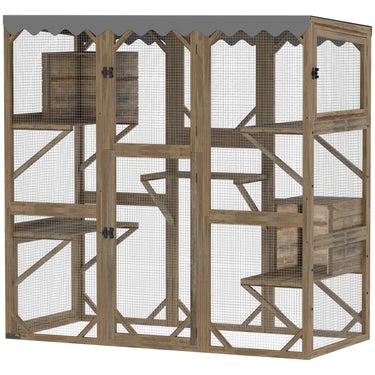 PawHut Wooden Catio Outdoor with Window Access, Waterproof Cover, Relaxing Condo, 5 Platforms, Doors, 59" x 28" x 59", Brown