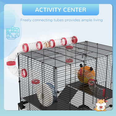 PawHut Hamster Cage with Deep Glass Bottom, Tunnel Tube System, Platforms, Hut, Exercise Wheel, Water Bottle, 24" x 16" x 22"