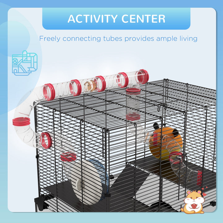 PawHut Hamster Cage with Deep Glass Bottom, Tunnel Tube System, Platforms, Hut, Exercise Wheel, Water Bottle, 24" x 16" x 22"