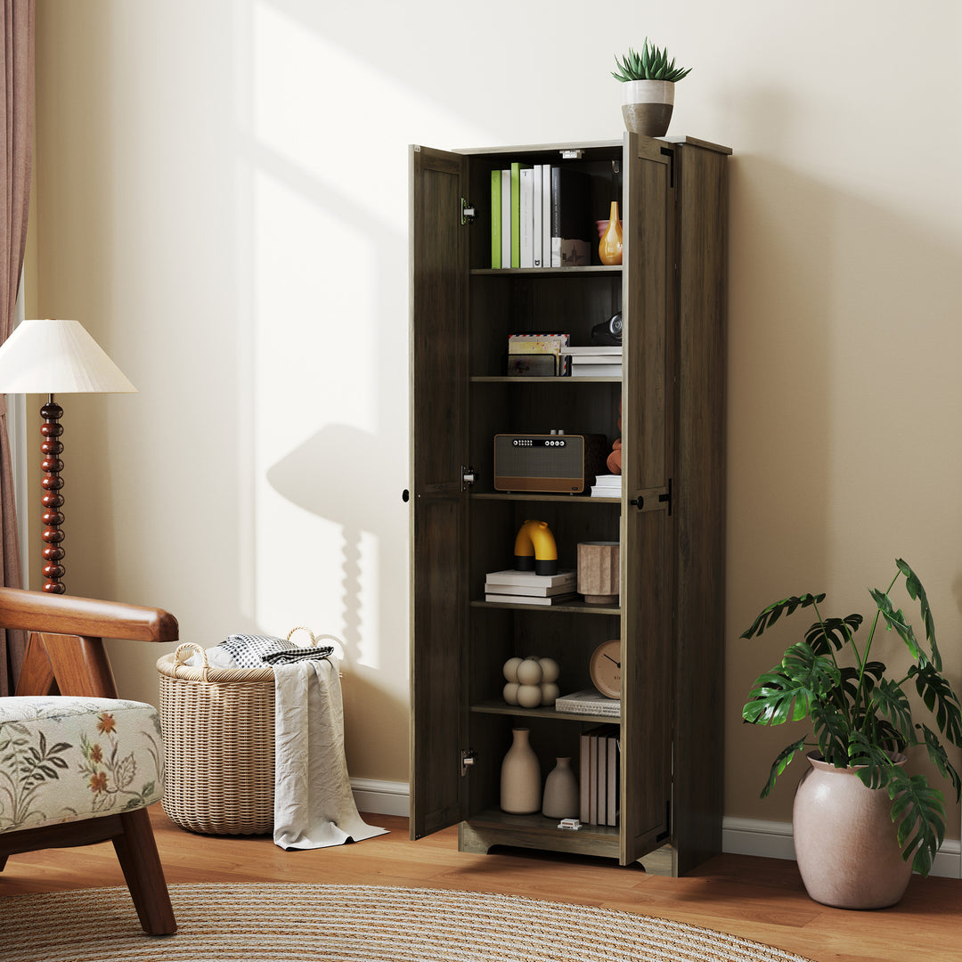 HOMCOM 67" Farmhouse Pantry Cabinet with 2 Doors, Tall Storage Cabinet with Adjustable Shelves, Distressed White