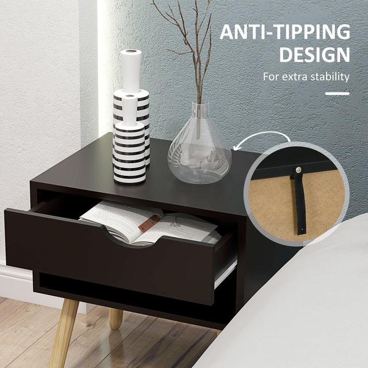 HOMCOM Set of 2 Bedside Table with Drawer and Shelf, Modern Nightstand with Wooden Legs, End Table for Bedroom, White