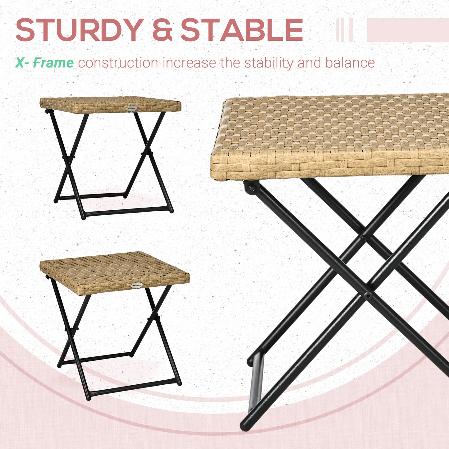 Outsunny Patio Wicker Coffee Table, Outdoor PE Rattan Garden Folding Side Table, 15.75"x15.75"x15.75", Nature Wood