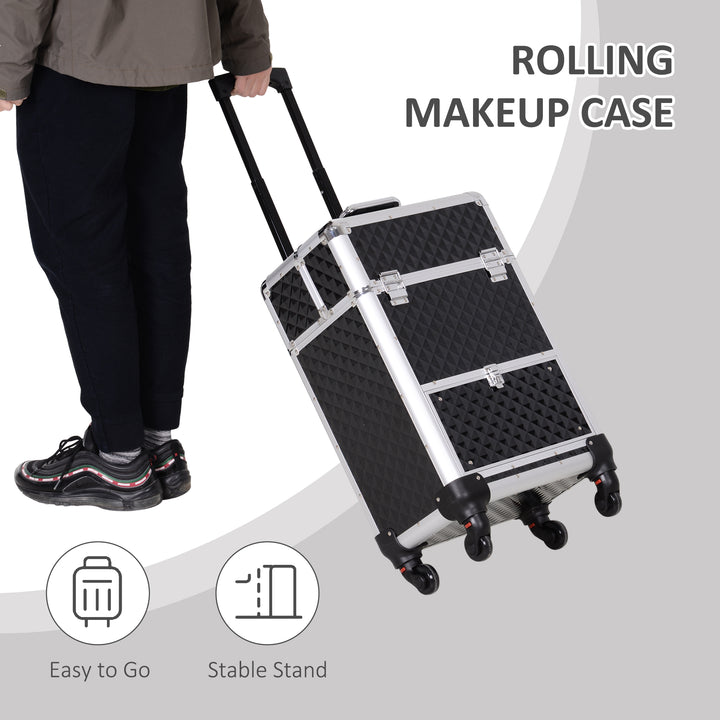 HOMCOM Portable Aluminum Makeup Train Cases, Rolling Makeup Case, Salon Beauty Cosmetic Jewelry Organizer Trolley with 4 Wheels, Pink