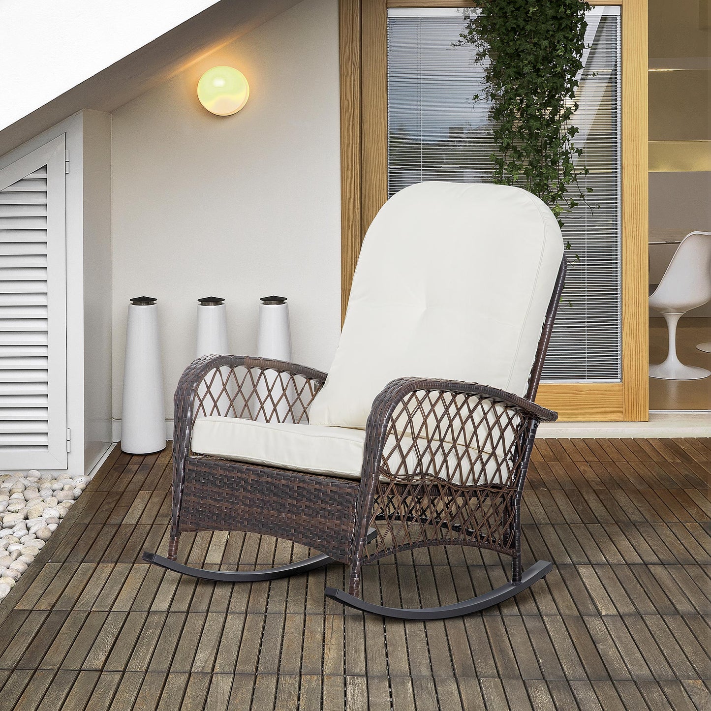 Outsunny Rattan Rocking Chair, Outdoor Wicker Patio Rocker Chair Furniture with Thick Cushions, for Garden Backyard Porch, Khaki