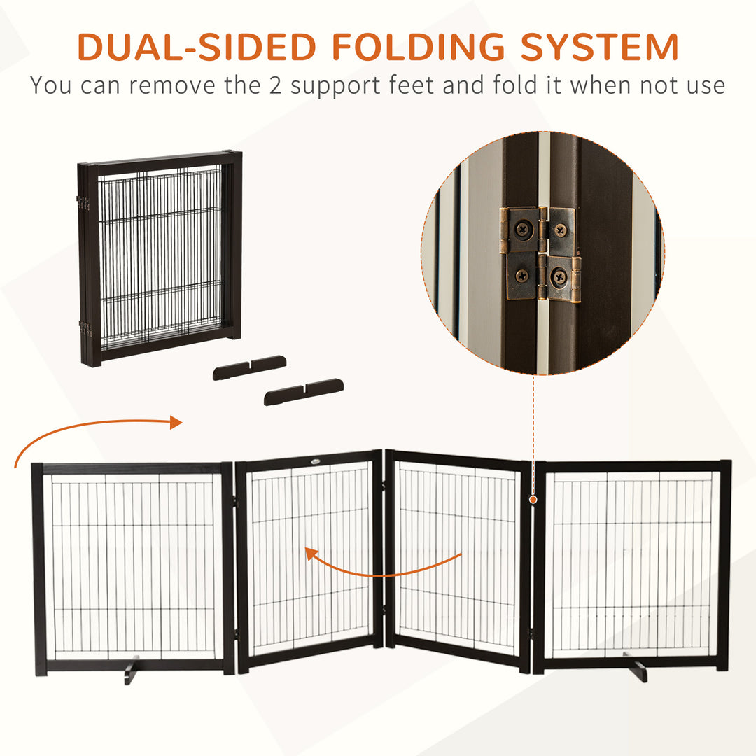 PawHut Wooden Dog Gate for Small & Medium Dogs 4 Panel w/ Support Feet Foldable Pet Fence for House Doorway Coffee