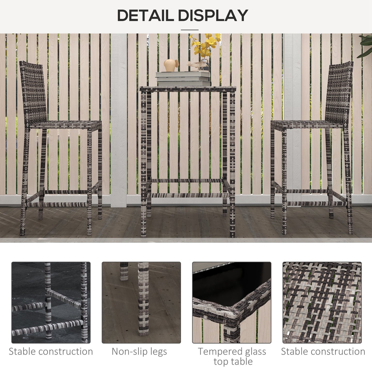 Outsunny 3 Piece Patio Bar Set Wicker Rattan Garden Bistro Set Barstool and Table for Patio Backyard Balcony Poolside, Black