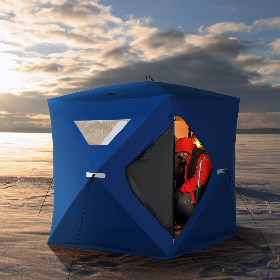 Outsunny 2-4 Person Pop-up Ice Fishing Tent Portable Ice Fishing Shelter with Windproof Windows and Carrying Bag Hub Fish Shelter, Blue