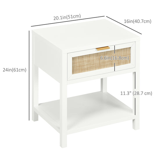HOMCOM Boho Nightstand, Bedside Table with Rattan Drawer and Open Shelf, Side End Table for Bedroom, Living Room