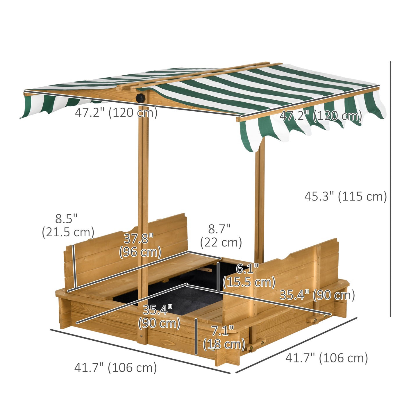 Outsunny Kids Wooden Sandbox Outdoor Backyard Playset Children Play Station w/ Adjustable Canopy & Convertible Bench Sand for 3-7 Years Old