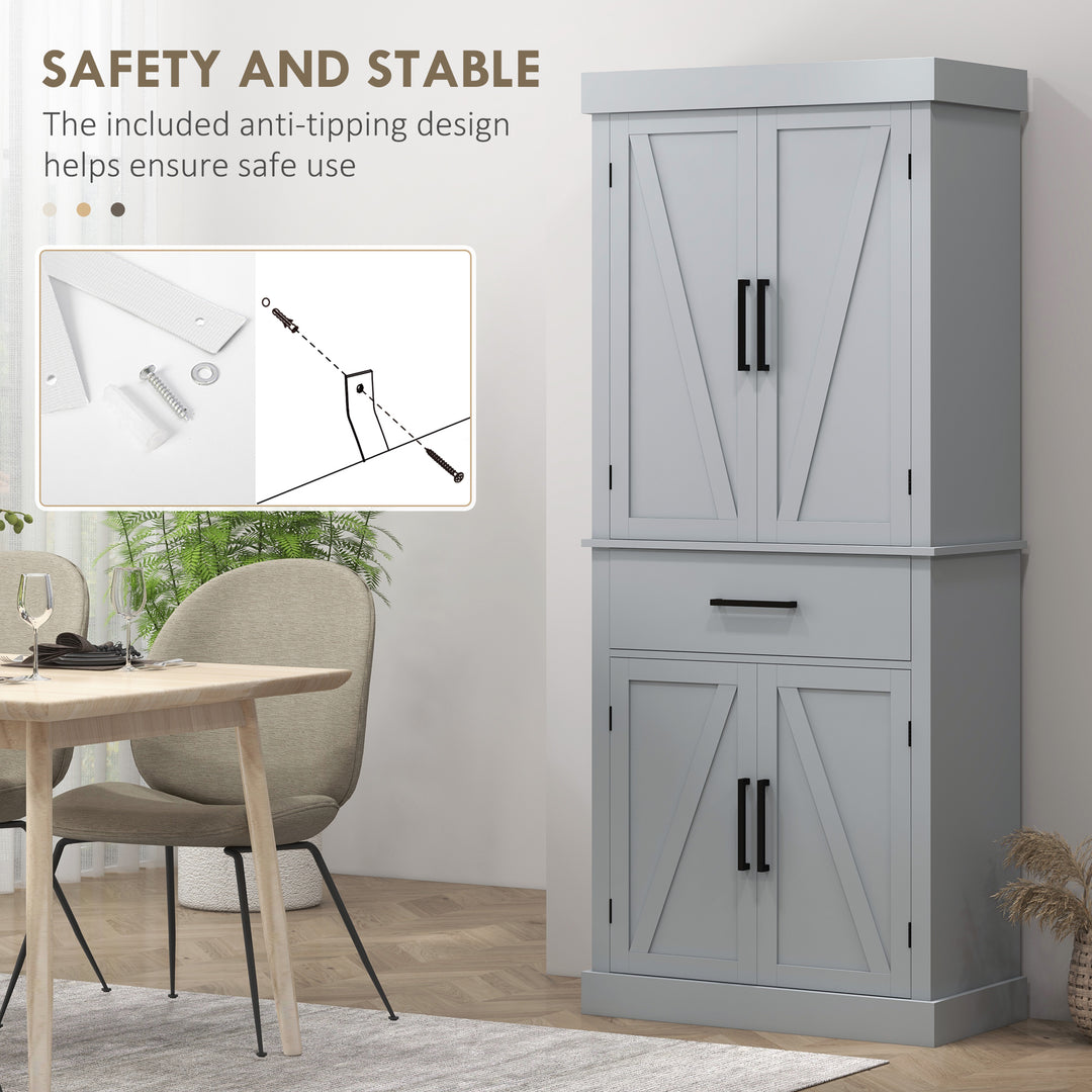 HOMCOM 72" Kitchen Storage Cabinet, Farmhouse Kitchen Pantry Cabinet with 4 Barn Doors, Drawer, Adjustable Shelves, Grey