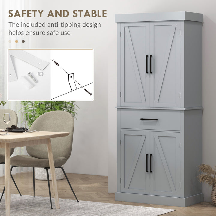 HOMCOM 72" Kitchen Storage Cabinet, Farmhouse Kitchen Pantry Cabinet with 4 Barn Doors, Drawer, Adjustable Shelves, Grey