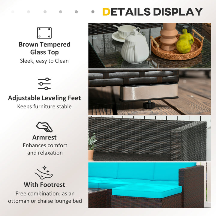 Outsunny 3 Pieces Patio Furniture Set with Cushions, Outdoor PE Rattan Wicker Conversation Corner Sofa Set with Glass Top Table and Adjustable Foot for Garden, Lawn, Cream White