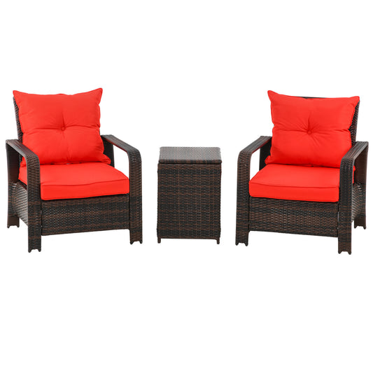 Outsunny 3 Pieces Wicker Patio Furniture Set, Rattan Bistro Set with Storage Coffee Table and Thickened Cushions, Outdoor Conversation Set for Garden, Porch, Balcony, Red
