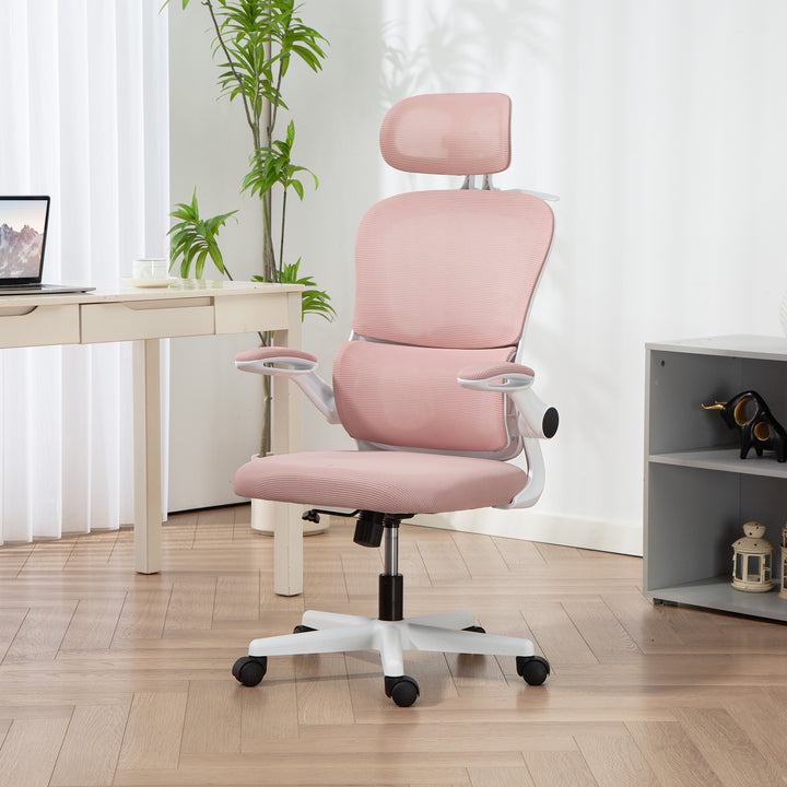 HOMCOM Mesh Office Chair, Ergonomic Desk Chair with Flip-up Armrest, Rotatable Headrest, Adjustable Lumbar Support, Black