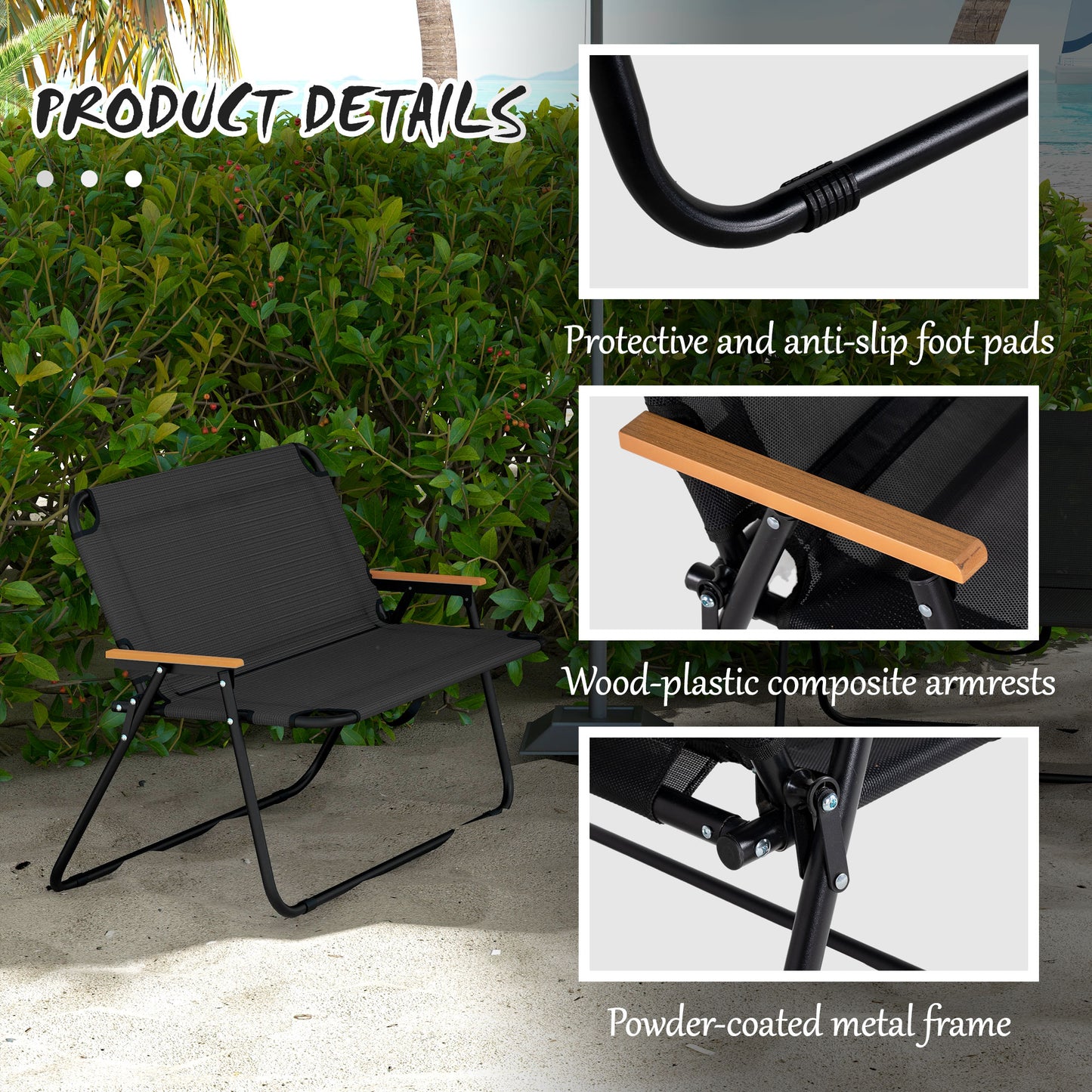 Outsunny Double Folding Chair, Loveseat Camping Chair for 2 Person, Portable Outdoor Chair with Wood Armrest for Fishing Travel, Green