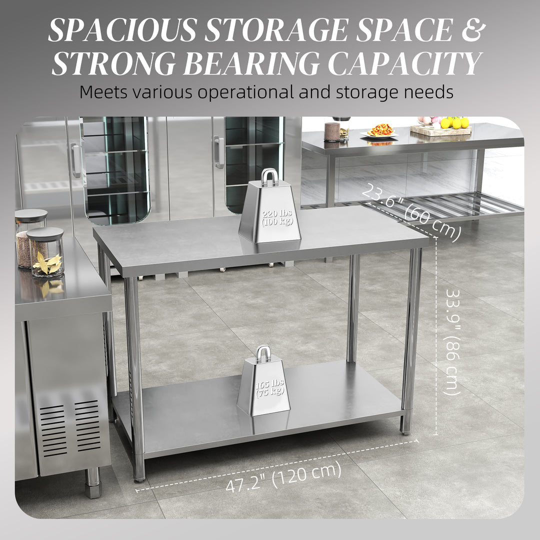 HOMCOM Stainless Steel Workbench, 24"x47"x34", Heavy Duty Work Prep Table with Shelf, Workbench for Kitchen, Garage