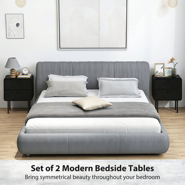 HOMCOM Modern Bedside Tables Set of 2, 2 Pieces Nightstands with 2 Storage Drawers and Steel Legs for Bedroom, Black Wood Grain