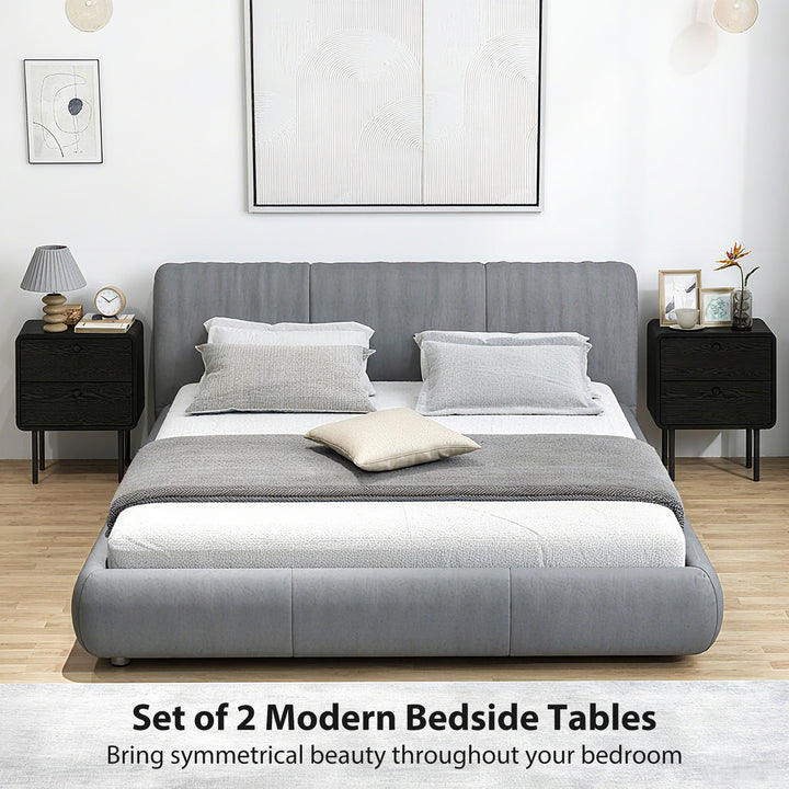 HOMCOM Modern Bedside Tables Set of 2, 2 Pieces Nightstands with 2 Storage Drawers and Steel Legs for Bedroom, Black Wood Grain