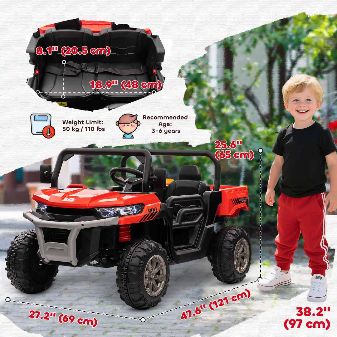 Aosom 12V Ride on Car with Electric Bucket, Two-Seater, Shovel, Remote Control, Spring Suspension, Horn, Music, Red