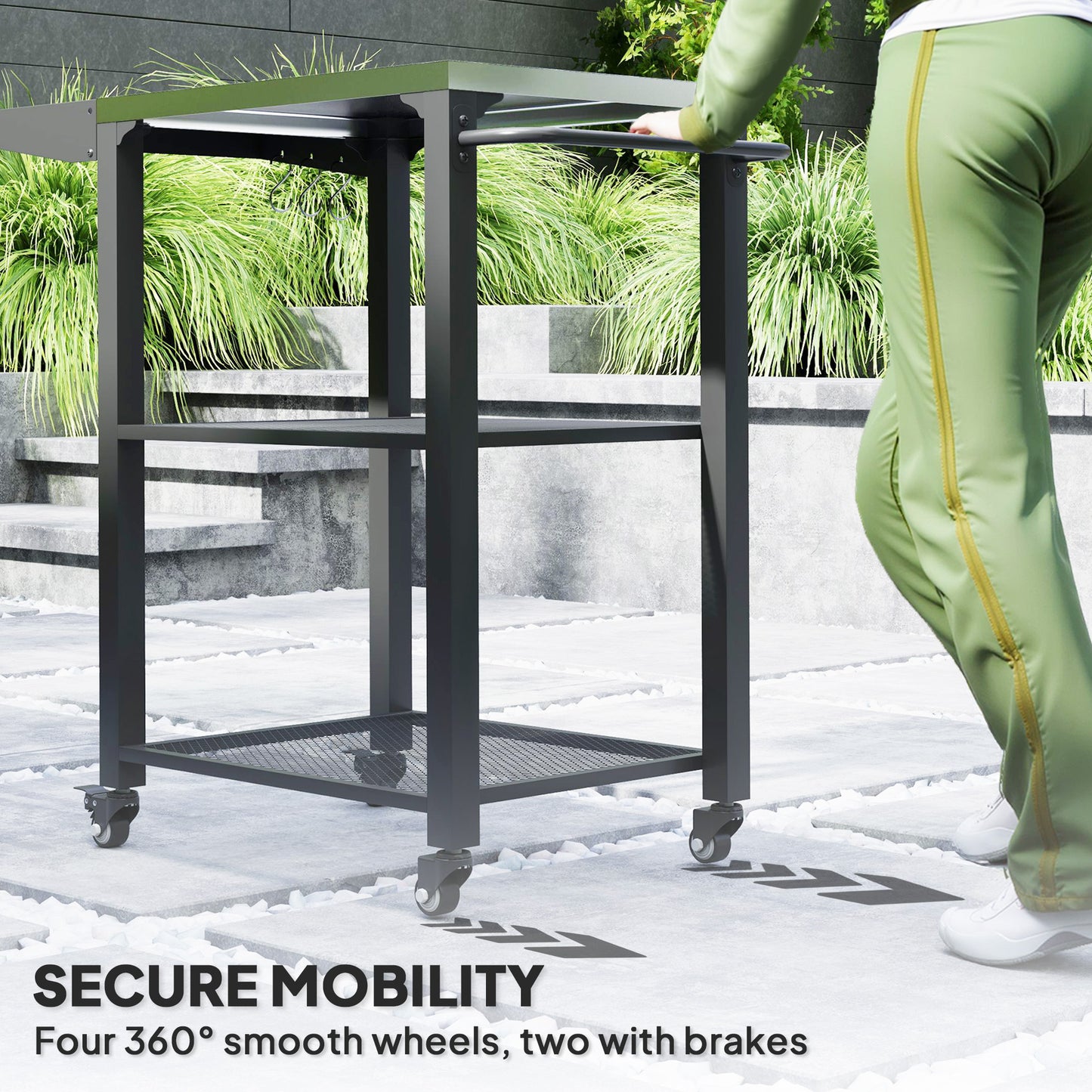 Outsunny 3-Shelf Outdoor Grill Cart Table with Foldable Side Table and Stainless Steel Table Top, Pizza Oven Stand on Wheels