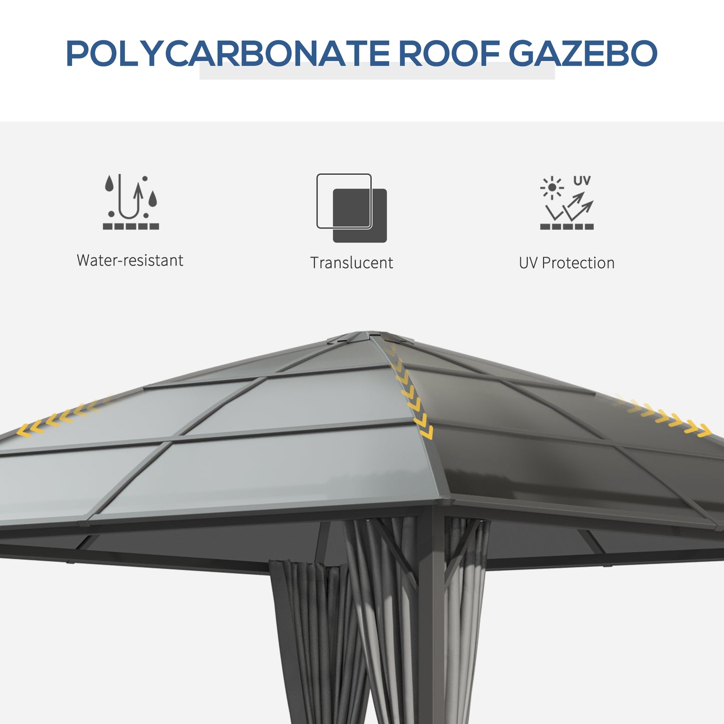 Outsunny 10' x 10' Outdoor Gazebo Canopy, Hardtop Gazebo withÂ UV60+ Polycarbonate Roof, Steel Frame, Central Hook, andÂ Curtains, forÂ Garden,Â Lawn,Â Backyard,Â Deck, Dark Grey
