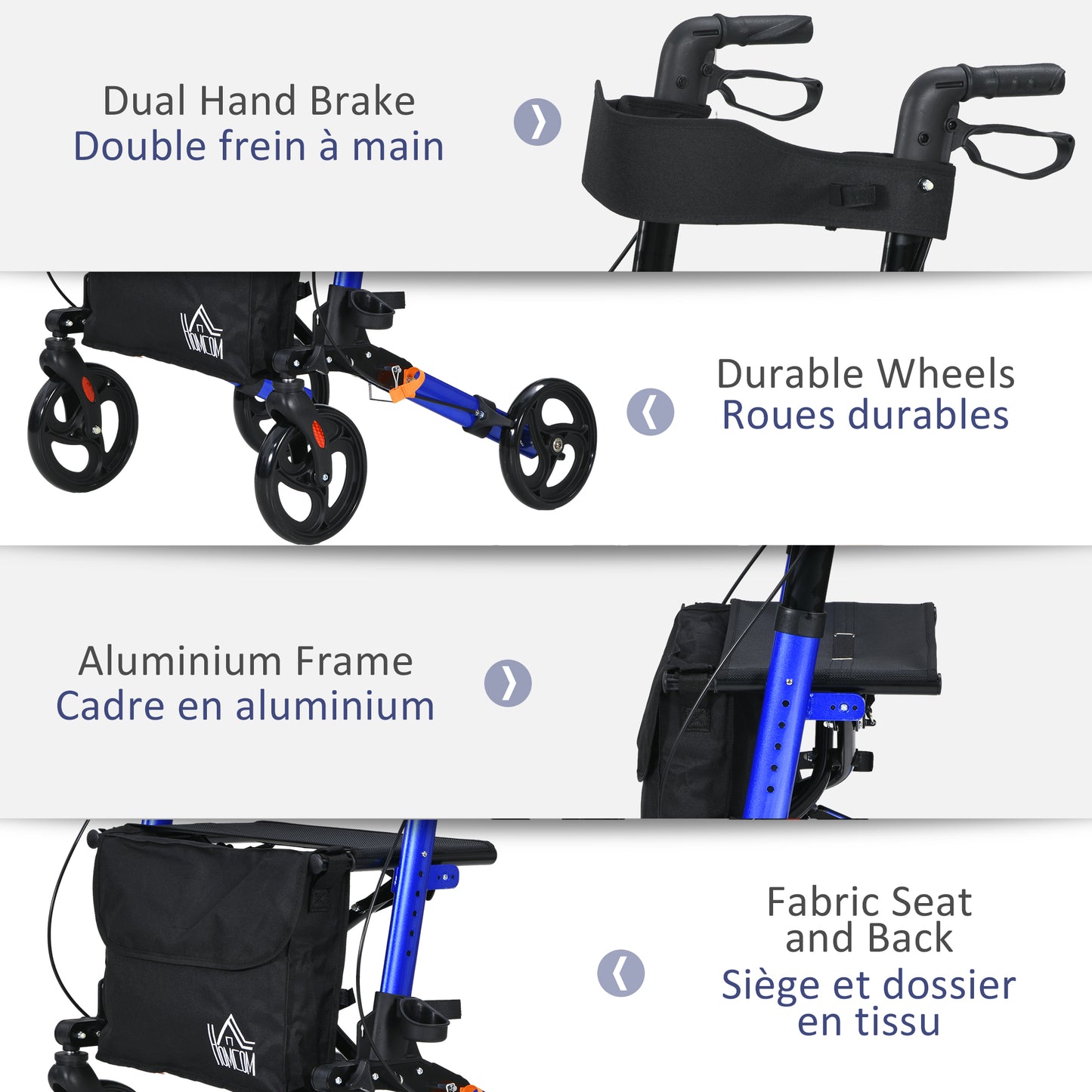 HOMCOM Rollator for Seniors with Seat, Back, Cane Holder, Aluminium Folding Rolling Walker with Adjustable Handle, Bag, Blue