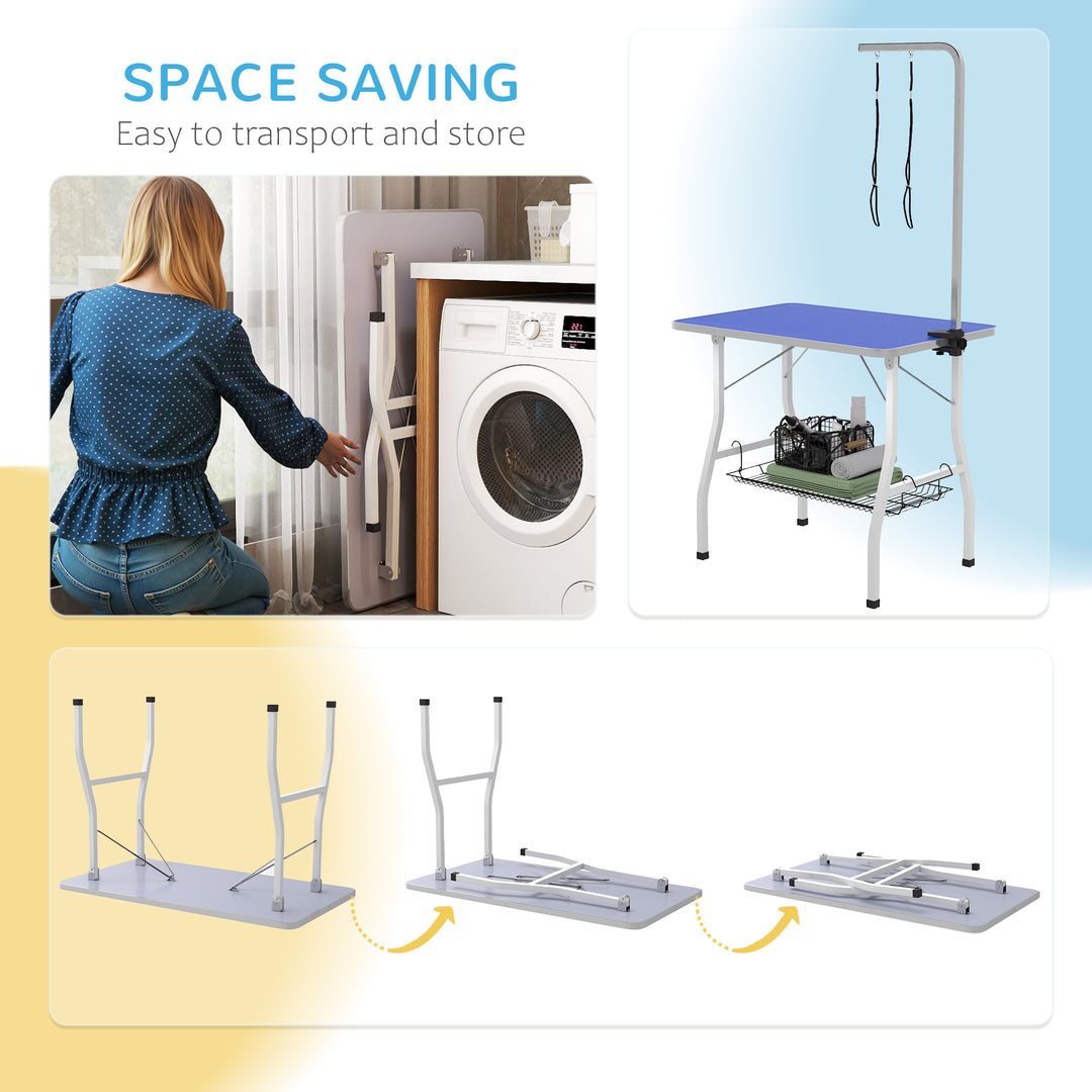 PawHut Dog Grooming Table w/ Adjustable Arm, Mesh Tray,  Two Nooses, Rubber Surface, 35" x 24" x 61", Black