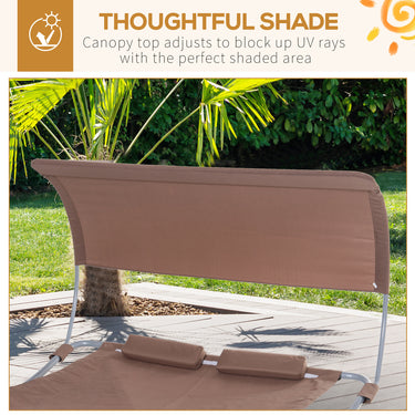 Outsunny 79" Outdoor Lounge Chair with Canopy, Double Chaise Lounger Hammock Bed w/ Pillow and Wheels, Brown