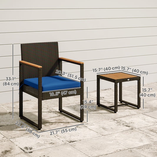 Outsunny 3 Pieces Wicker Patio Furniture Set, Rattan Bistro Set w/ Acacia Wood Table & Removable Cushions, Dark Blue