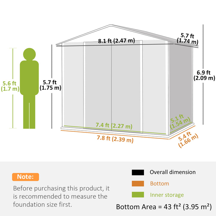 Outsunny 8' x 6' Outdoor Storage Shed, Metal Garden Shed with 2 Windows, 4 Vents, Lockable Doors and Gloves, Dark Grey