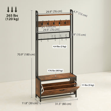 HOMCOM 5-In-1 Coat Rack Shoe Bench, Hall Tree with Bench, Shoe Cabinet, 10 Hooks for Hallway, Mud Room, Rustic Brown