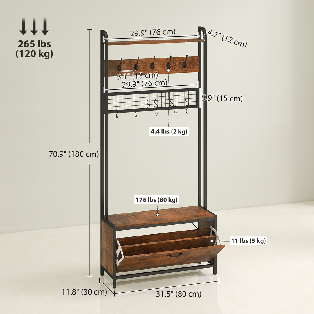 HOMCOM 5-In-1 Coat Rack Shoe Bench, Hall Tree with Bench, Shoe Cabinet, 10 Hooks for Hallway, Mud Room, Rustic Brown