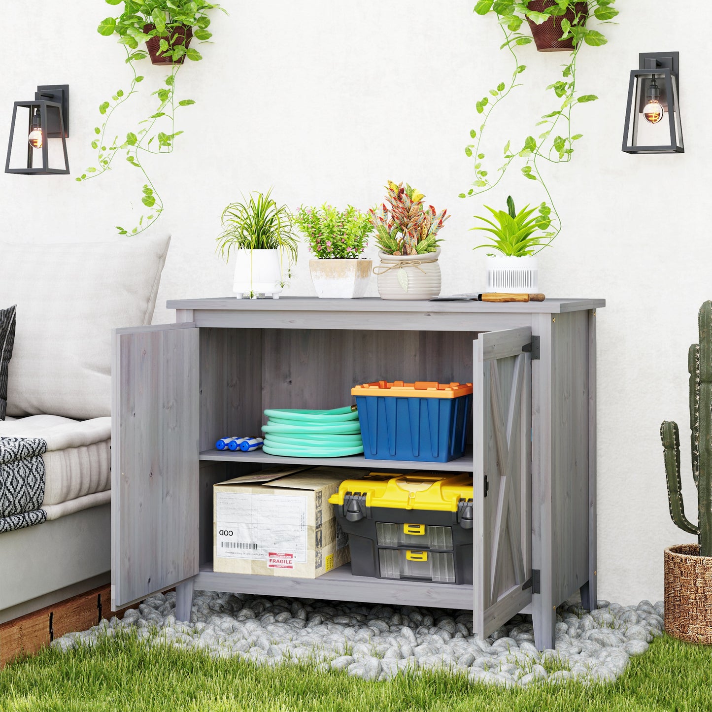 Outsunny Wooden Outdoor Storage Cabinet, Garden Shed Potting Shed with Shelf and Double Doors, Light Grey
