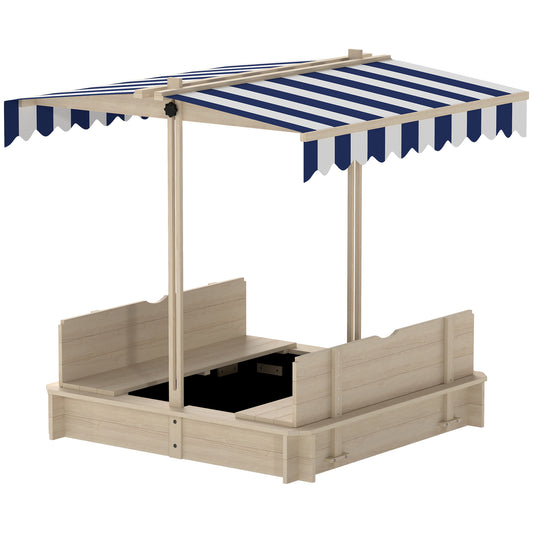 Outsunny Kids Wooden Sandbox Outdoor Backyard Playset Children Play Station w/ Adjustable Canopy & Convertible Bench Sand for 3-7 Years Old