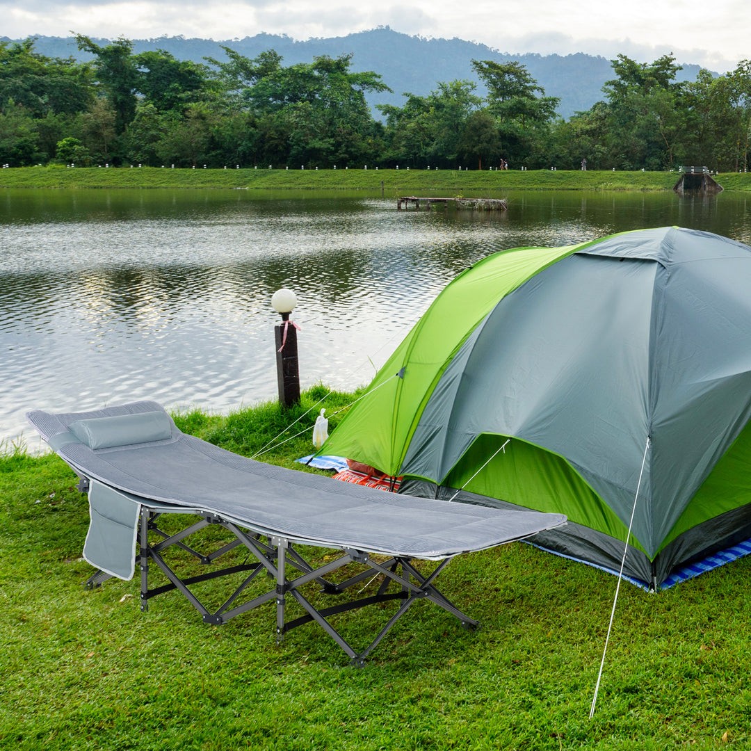 Outsunny Folding Camping Cot with Mattress & Pillow, Double Layer Oxford Heavy Duty Sleeping Cot with Carry Bag Light Grey