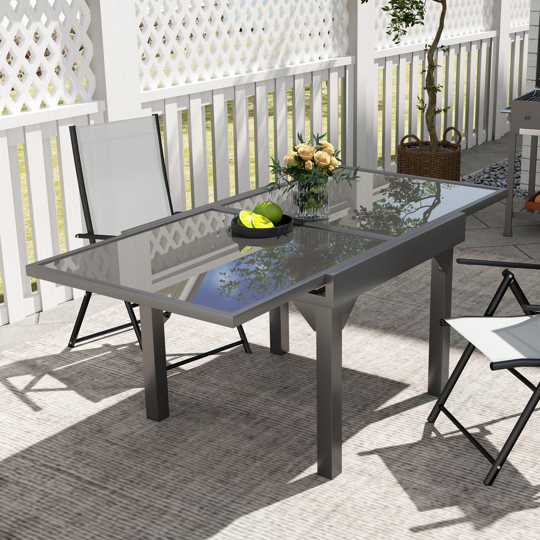 Outsunny 35"-71" Expandable Outdoor Table with Tempered Glass Top, Metal Frame, for 4-6 Person, for Lawn, Garden, Backyard