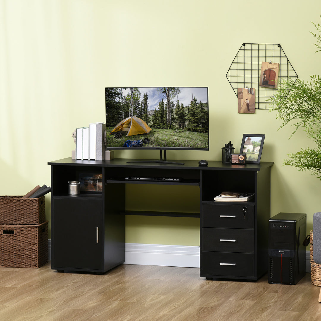 HOMCOM 57" Computer Desk with Drawers, Home Office Desk with Keyboard Tray, Open Shelves and Lockable Drawer, Writing Workstation for Study, Black