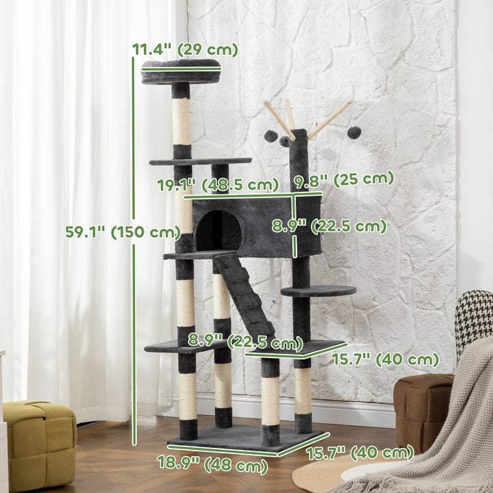 PawHut 59 Inch Large Cat Tree with Sisal Scratching Posts, Cozy Condo, Top Perch, Ladder and Interactive Balls, Dark Grey